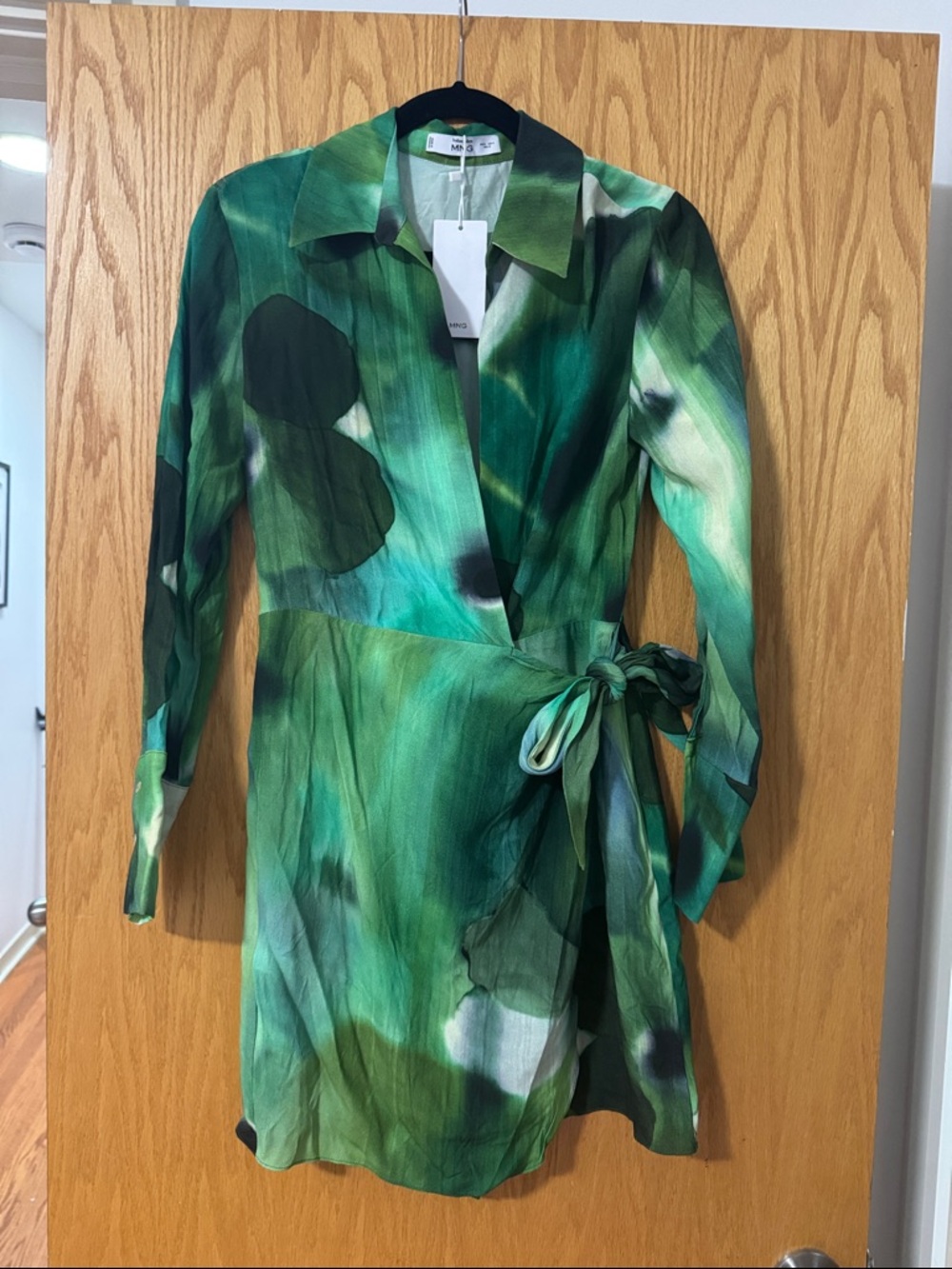 Mango Green Abstract Tie-Waist Long Sleeve Dress